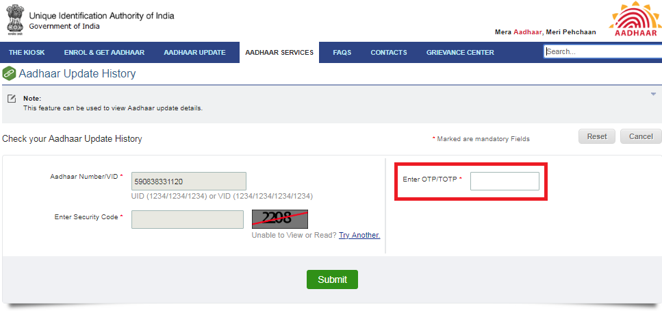 Aadhaar update history Enter OTP