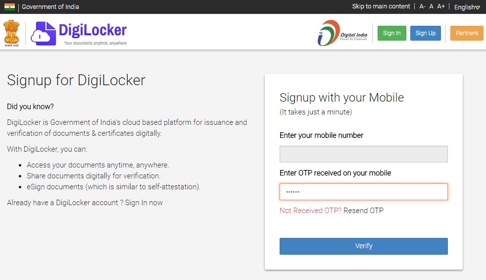  digilocker registration step 2 enter otp