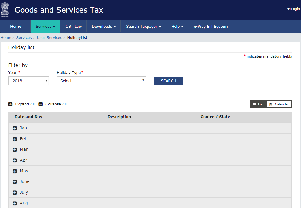 GST Services Holiday List