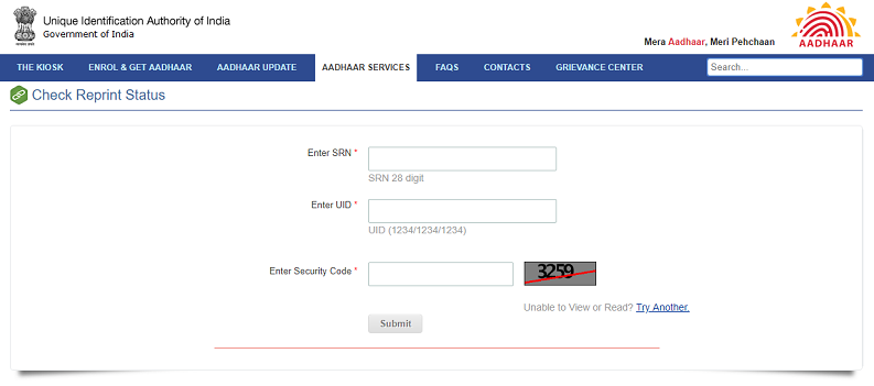 Aadhaar Reprint Status a