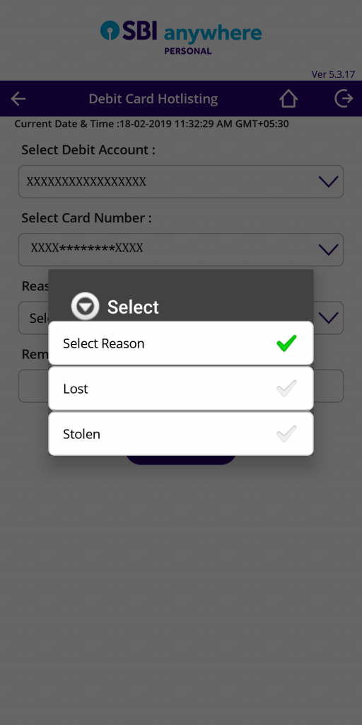 5 - SBI ATM Card Block - select reason