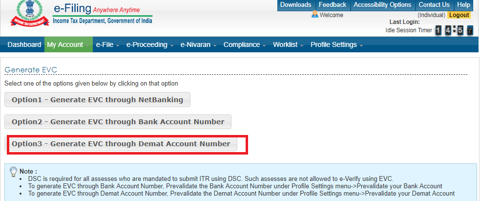 Generate EVC using DEMAT account selection