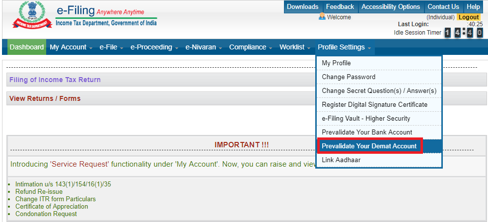 Prevalidate Demat Menu