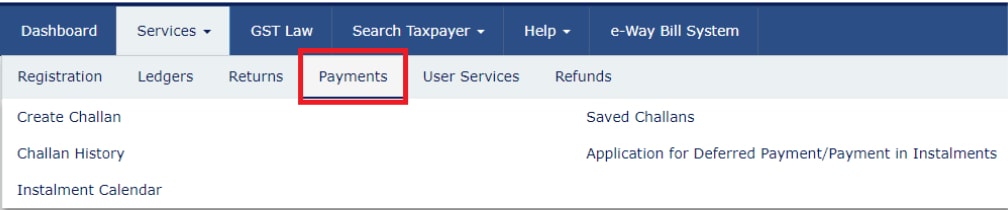 gst portal payments menu