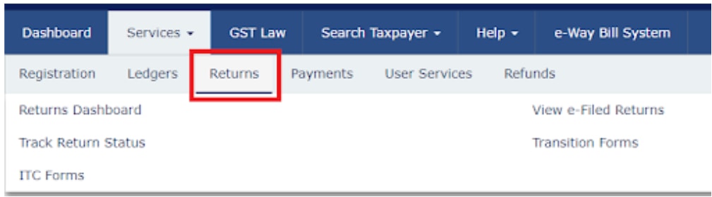 gst returns menu on gst.gov.in