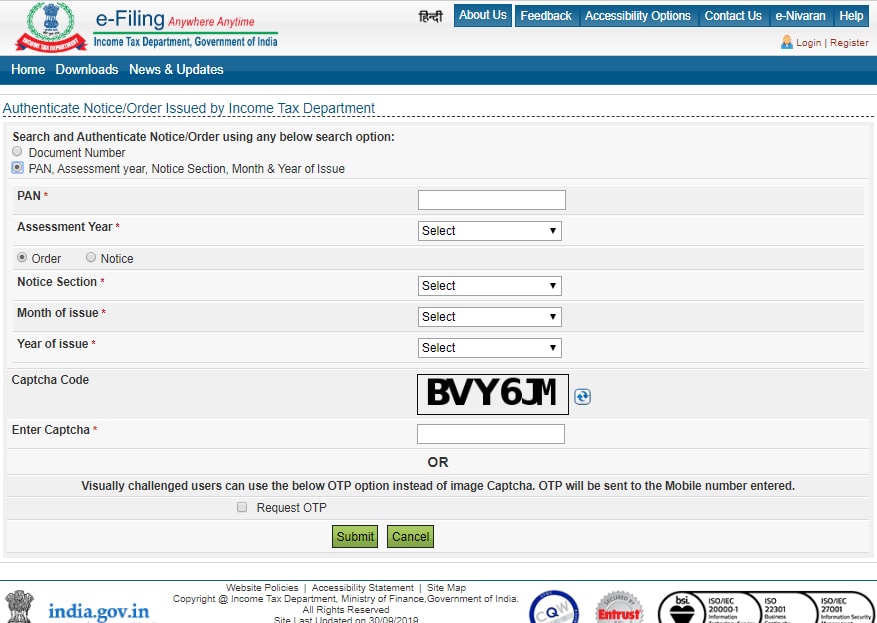 Authenticate Notice or order issued by ITD