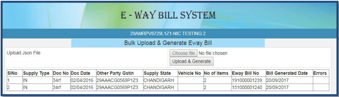 List of bulk GST e Way bills generated