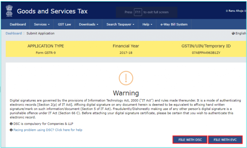 19 File GSTR9 with DSC or EVC