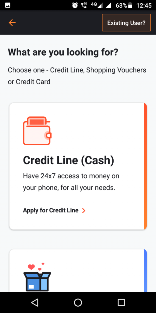 When asked to choose between “Credit Line (Cash)”, “Shopping Vouchers” or “Credit Card”, choose “Credit Line (Cash)” for MoneyTap personal loan.