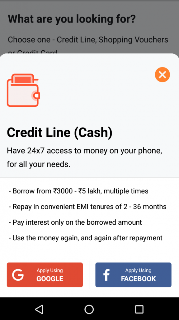 Step 4. On the next page you will be required to choose between using Facebook and Google to log to apply for MoneyTap Credit Line: