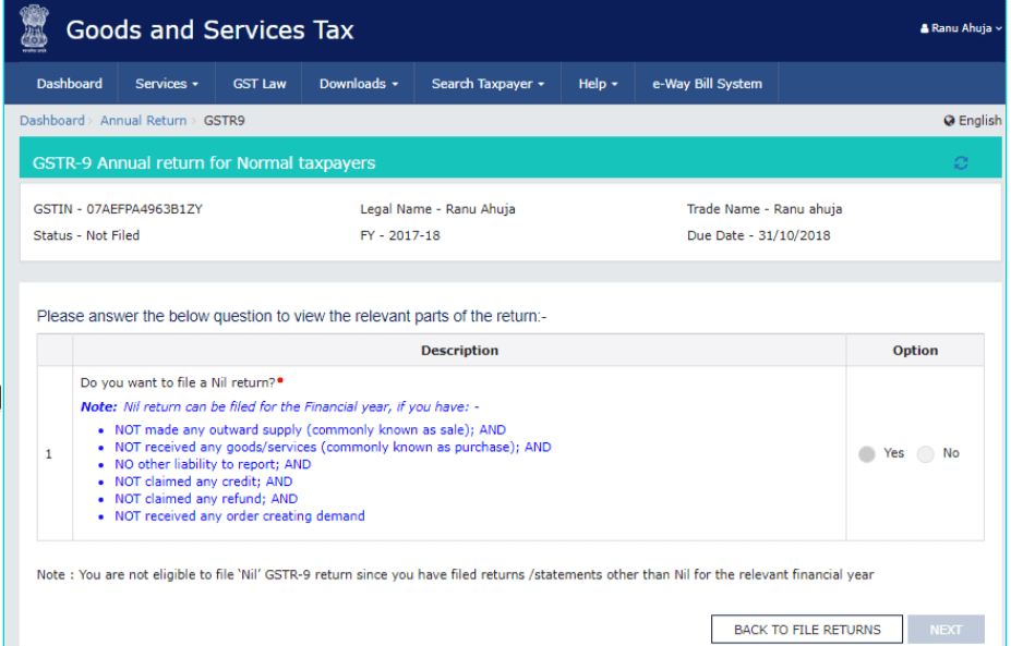 Nil GSTR9 Filing