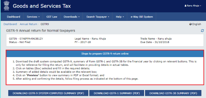 GSTR 9 Annual Return filing Normal Taxpayers