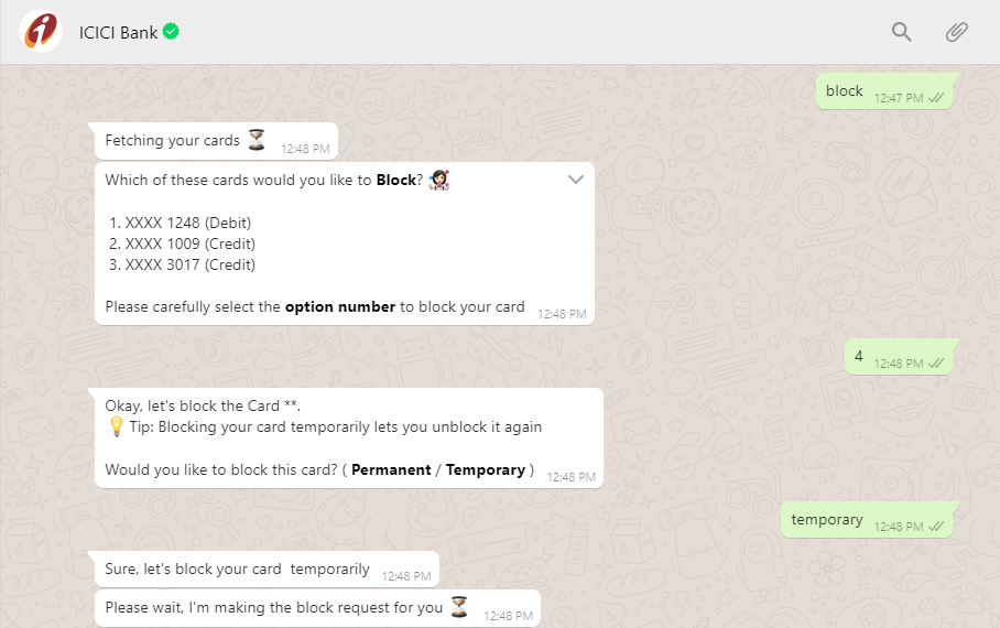ICICI Whatsapp Block